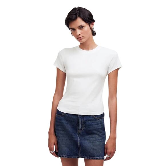 Madewell White Ribbed Cotton Crewneck Tee XS NWT Slim Fit Classic Top - Picture 1 of 9